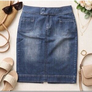 Vintage 90s Venezia Midi Denim Jean Skirt Button Front Blue Women’s Sz 18